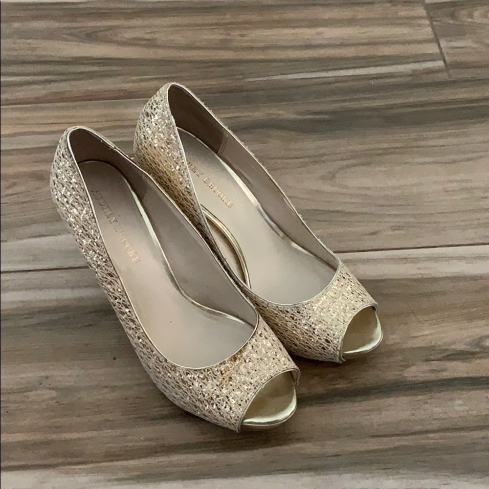 Audrey Brooke gold sequined peep toe shoes